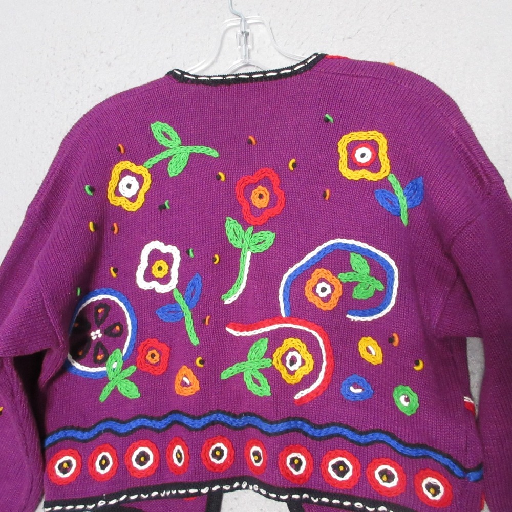 Vintage Rafia Sweater Cardigan Large Floral Embroidered Colorful Statement Boho - Picture 5 of 14